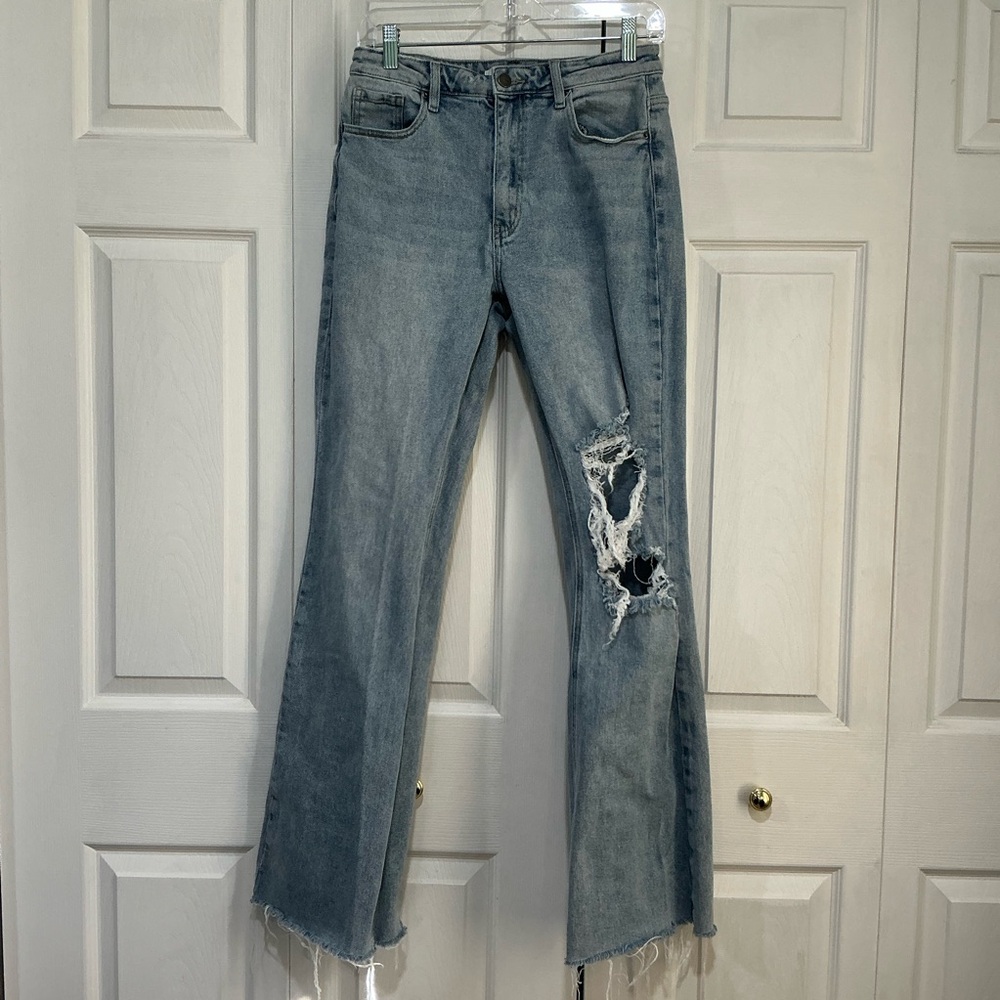 🤎 Dogma Blue Distressed Denim Flare Raw Hem Jeans - 9